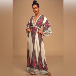 Lulus Montecito Cream Print Maxi Dress, size S. Like new